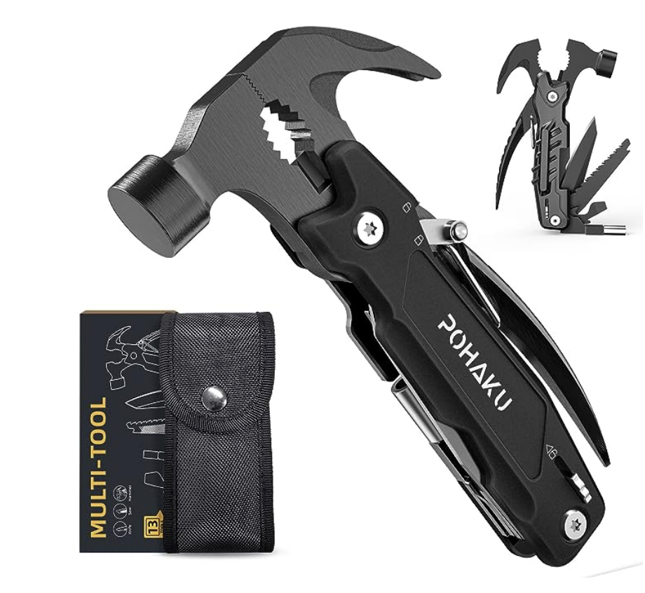 14-in-1 Multitool Hammer, Pohaku Multitool with DIY Stickers, Safety Lock, Screwdriver Bits Set and Durable Nylon Sheath, Multi Tool for Outdoor, Camping, Ideal Gifts for Father, Husband, Boyfriend